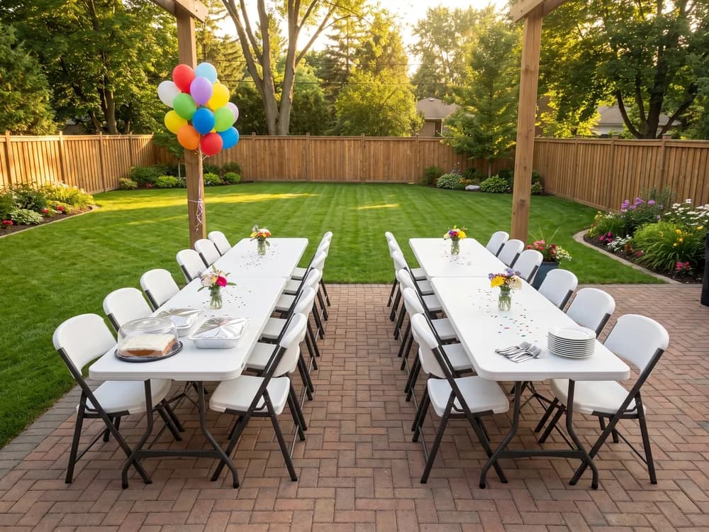 Long white tables and white folding chairs in rows on a brick patio in a well-kept back yard, balloons tied to a post