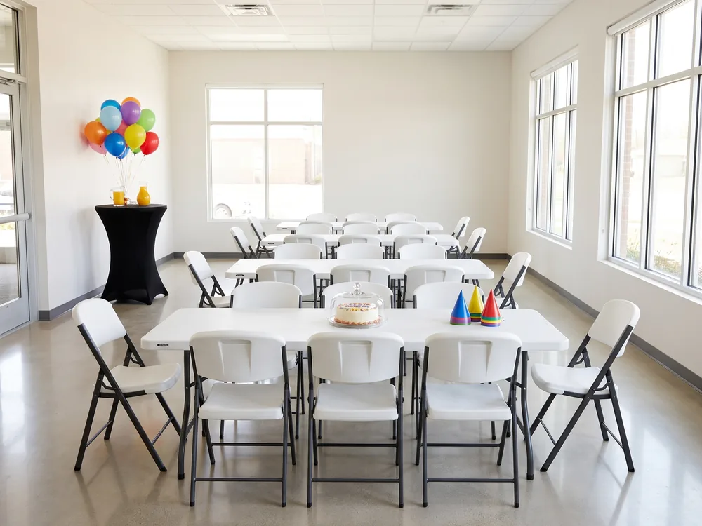 Long tables and white folding chairs in rows in a bright community room, a cocktail table by the door